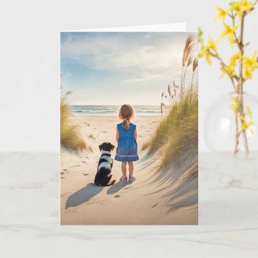 子どもと犬がビーチ カード (黄色い花)