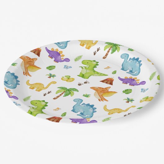 子どもにかわいい恐竜の模様 ペーパープレート (アングル)