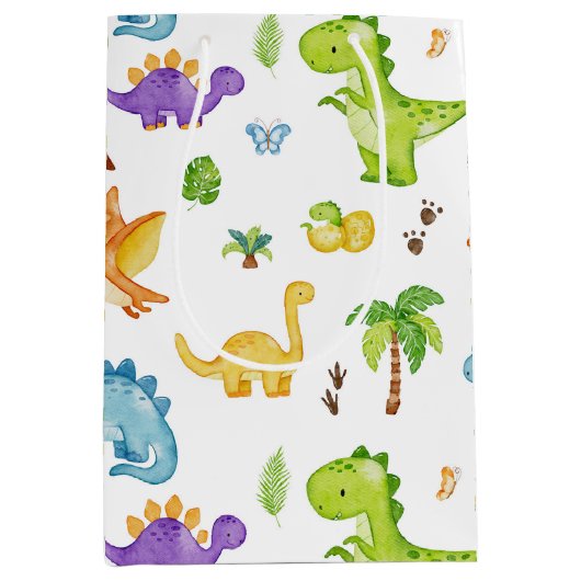 子どもにかわいい恐竜の模様 ミディアムペーパーバッグ (正面)