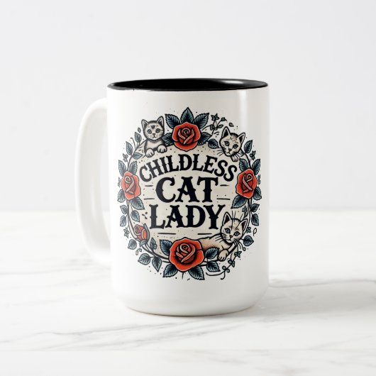 子どものいない猫の女性 ツートーンマグカップ (正面左)
