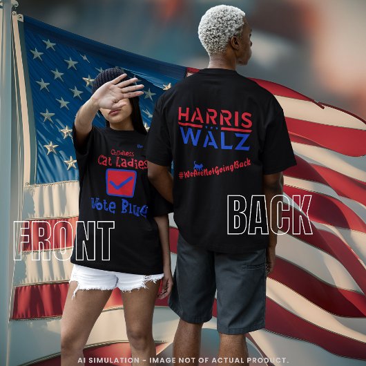 「子どものいない猫レディース投票ブルー」 Harris/Walz 2024 Tシャツ