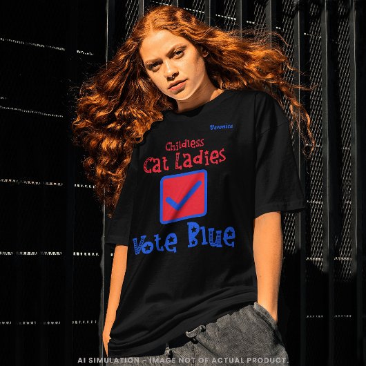 「子どものいない猫レディース投票ブルー」 Harris/Walz 2024 Tシャツ