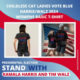 「子どものいない猫レディース投票ブルー」 Harris/Walz 2024 Tシャツ