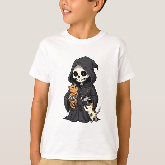 子どものスケルトンリーパーと子猫の抱擁 Tシャツ (正面)