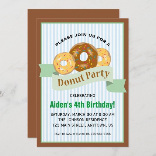 子どものパーティーのドーナツ誕生日 招待状 (正面/裏面)