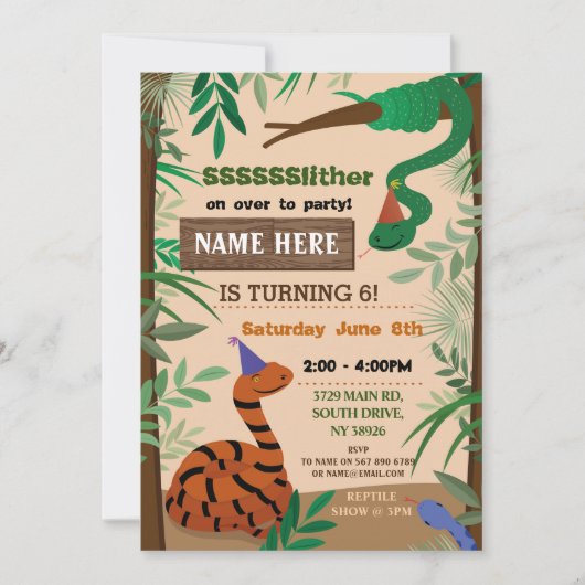 子どものヘビの誕生会で爬虫類のヘビ 招待状 (正面)