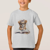 子どものベーシックTシャツ　子犬の読書 Tシャツ (正面)