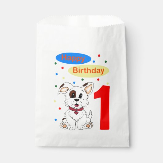 子どもの初めての誕生日 かわいい子犬とカラフルな紙吹雪 フェイバーバッグ (正面)