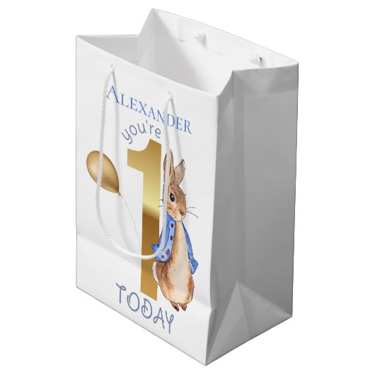 子どもの名前をパーソナライズPeter 1st誕生日 ミディアムペーパーバッグ (正面アングル)