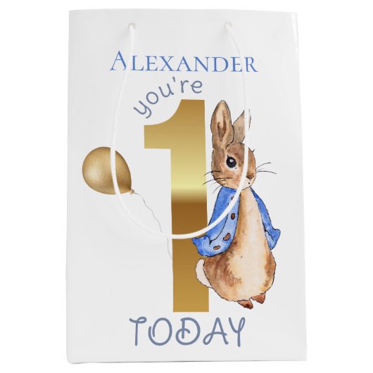 子どもの名前をパーソナライズPeter 1st誕生日 ミディアムペーパーバッグ (正面)