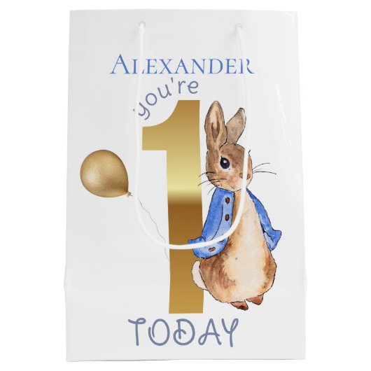 子どもの名前をパーソナライズPeter 1st誕生日 ミディアムペーパーバッグ (裏面)