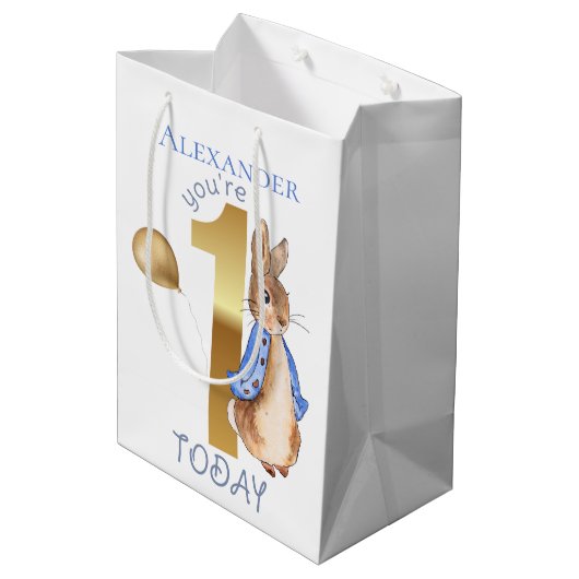 子どもの名前をパーソナライズPeter 1st誕生日 ミディアムペーパーバッグ (裏面アングル)