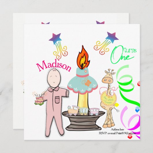 子どもの最初のベビー誕生日の招待 招待状 (正面/裏面)