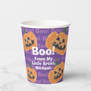 子どもの芸術作品で宝物を作る   カボチャ 紙コップ