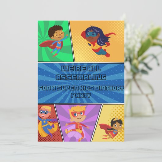 子どもの誕生日招待状スーパーヒーローが集まる 招待状 (スタンド正面)
