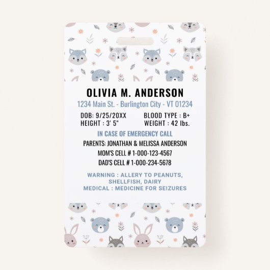 子どもの識別緊急時かわいい動物の写真 バッジ (裏面)