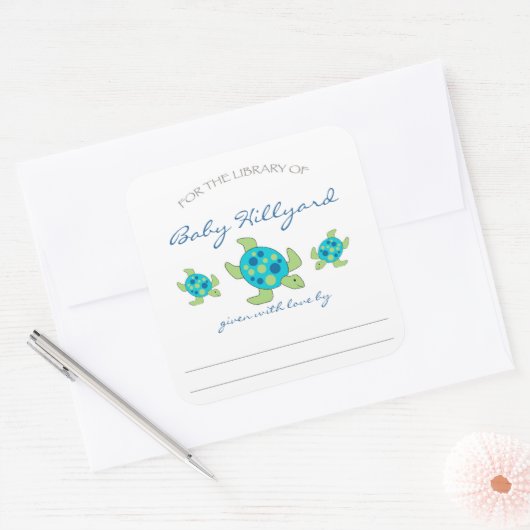 子どもの赤ちゃんシャワー蔵書票/ウミガメ スクエアシール (封筒)