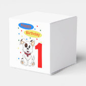 子どもの１歳の誕生日 かわいい子犬とカラフルな紙吹雪 フェイバーボックス (裏面サイド)