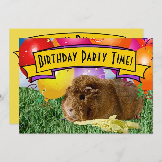 子どもの5歳の誕生日パーティーギニアピグ風船 招待状 (正面/裏面)