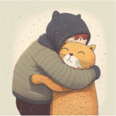 子どもは可愛い生姜の猫を抱く。子どもとおもしろい動物 シール (正面)