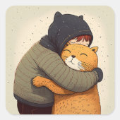 子どもは可愛い生姜の猫を抱く。子どもとおもしろい動物 スクエアシール (正面)
