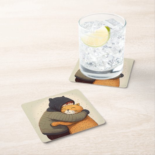 子どもは可愛い生姜の猫を抱く。子どもとおもしろい動物 スクエアペーパーコースター (インサイチュ)