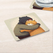 子どもは可愛い生姜の猫を抱く。子どもとおもしろい動物 スクエアペーパーコースター (アングル)