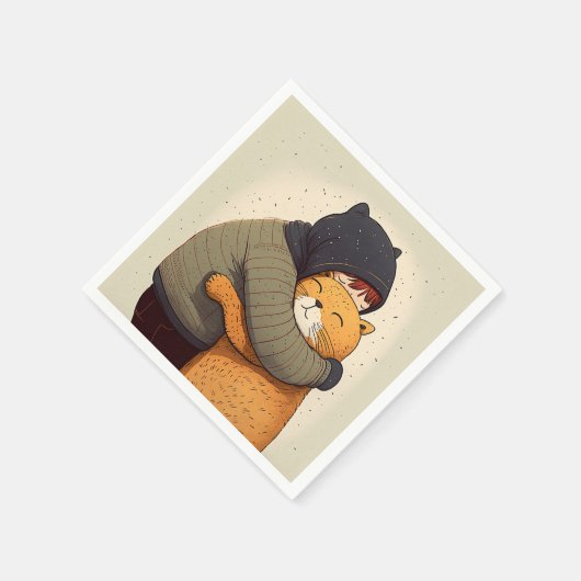 子どもは可愛い生姜の猫を抱く。子どもとおもしろい動物 スタンダードカクテルナプキン (角)