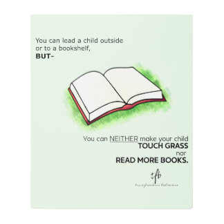 子どもを書棚の外に連れて行く メタルプリント