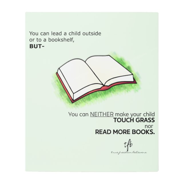 子どもを書棚の外に連れて行く メタルプリント (正面)