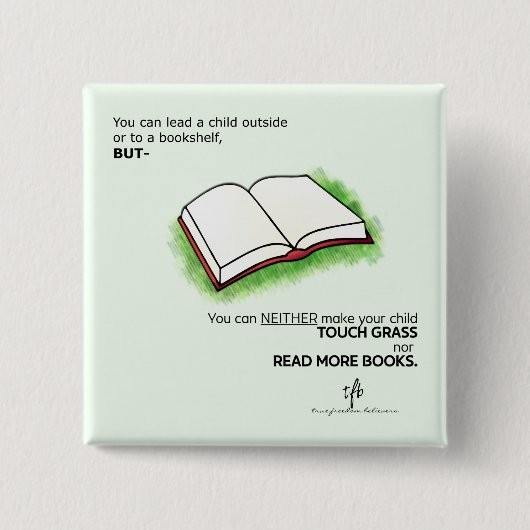 子どもを書棚の外に連れて行く 缶バッジ (正面)