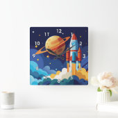 子どもカラフルの宇宙船宇宙船の漫画 スクエア壁時計 (ホーム)