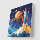 子どもカラフルの宇宙船宇宙船の漫画 スクエア壁時計 (傾斜)