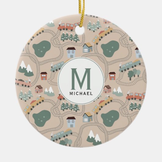 子どもカラフル向けの可愛い電車モノグラム セラミックオーナメント (正面)