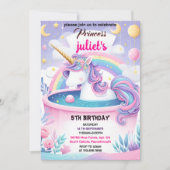 子どもガーリーかわいいパープルピンクのユニコーン1歳 招待状 (正面)