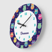 子どもパーソナライズされたたちの可愛いフクロウ柄の青い動物 ラージ壁時計 (傾斜)