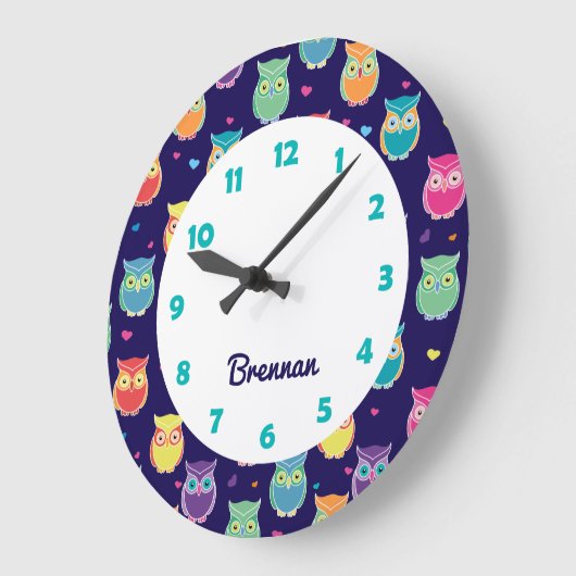 子どもパーソナライズされたたちの可愛いフクロウ柄の青い動物 ラージ壁時計 (傾斜)