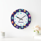 子どもパーソナライズされたたちの可愛いフクロウ柄の青い動物 ラージ壁時計 (ホーム)