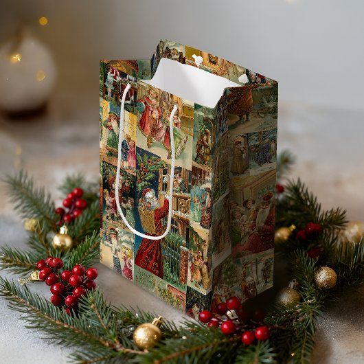 子どもビクトリアンコラージュのお父さんクリスマス ミディアムペーパーバッグ