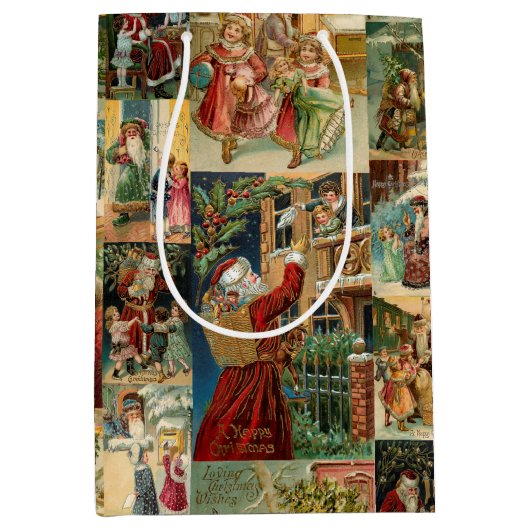 子どもビクトリアンコラージュのお父さんクリスマス ミディアムペーパーバッグ (正面)