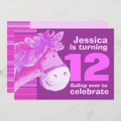 子どもポニーが12歳の誕生日の紫のピンクの招待状 招待状 (正面/裏面)