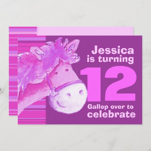 子どもポニーが12歳の誕生日の紫のピンクの招待状 招待状 (正面/裏面)