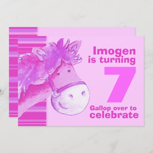 子どもポニーが7歳の誕生日ピンクの誕生日招待状 招待状 (正面/裏面)