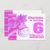 子どもポニーの6歳のピンクの白い誕生日招待状 招待状 (正面/裏面)