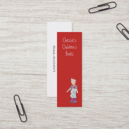 子ども作家/トイショップユニークかわいい赤 スキニー名刺 (正面/裏面インサイチュ)