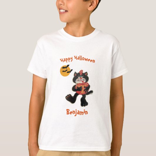子ども名ハロウィーンかわいい黒猫ムーンこうもり Tシャツ (正面)