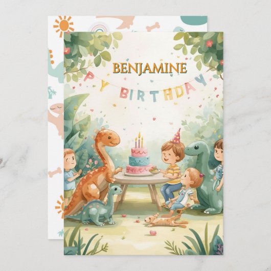 子ども向けのカスタマイズできる恐竜の誕生日カード 招待状 (正面/裏面)