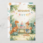 子ども向けのカスタマイズ恐竜の誕生日カード 招待状 (正面/裏面)