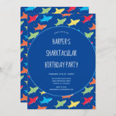 子ども向けカラフル漫画のサメの誕生日パーティー 招待状 (正面/裏面)