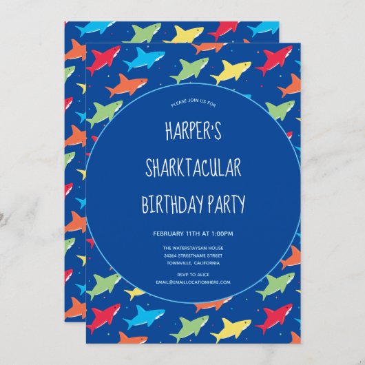 子ども向けカラフル漫画のサメの誕生日パーティー 招待状 (正面/裏面)